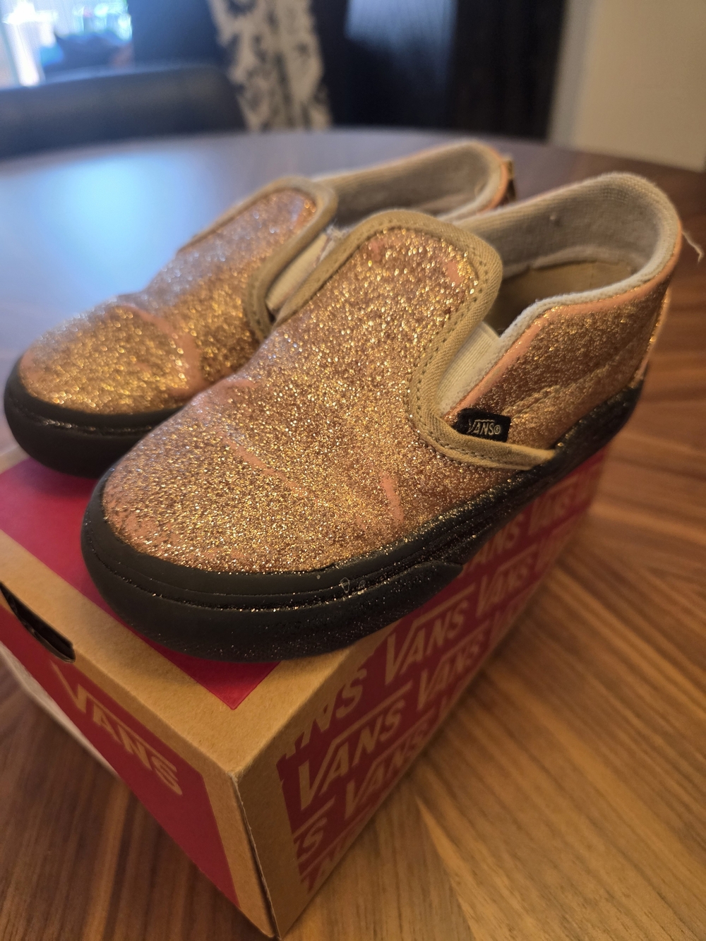 Vans Kids Slip-On Glitter Sneakers in Rose Gold with Black Sole